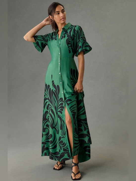 Anthropologie Dresses & Skirts - Anthropologie Maeve Bell Sleeve Buttondown Shirt Dress Green Large Maxi